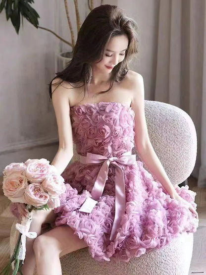 Tube Bandeau Rose Short Dress with Belt