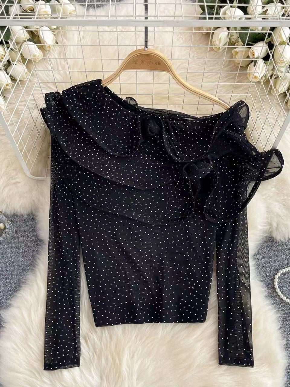 One Shoulder Ruffle Rhinestone Top
