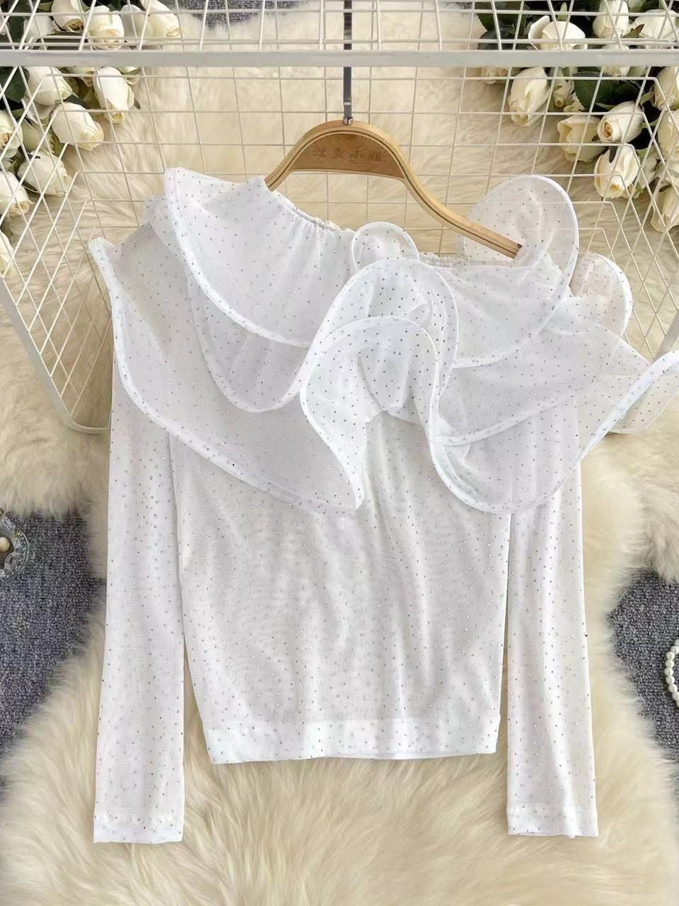 One Shoulder Ruffle Rhinestone Top