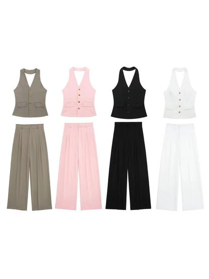 Halterneck Vest Waist Coat & Wide Leg Pants Coord Set