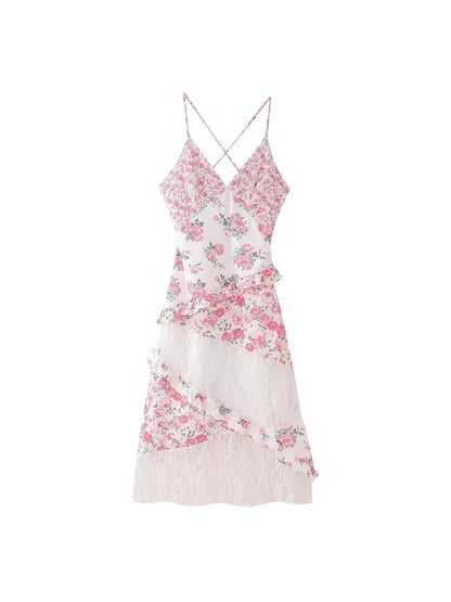 Backless Floral Print Spaghetti Strap Lace Maxi Dress