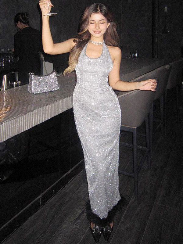 Halter Neck Shimmer Feather Maxi Dress