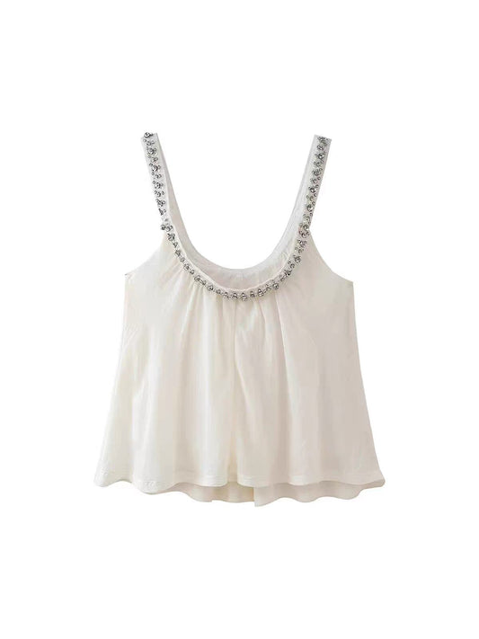 Rhinestone Beaded U Neck Backless Top