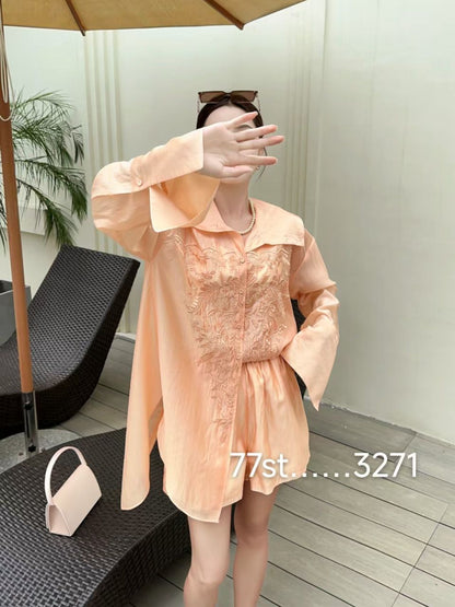Oversized Fit Embroidered Buttons Shirt & Shorts Coord Set