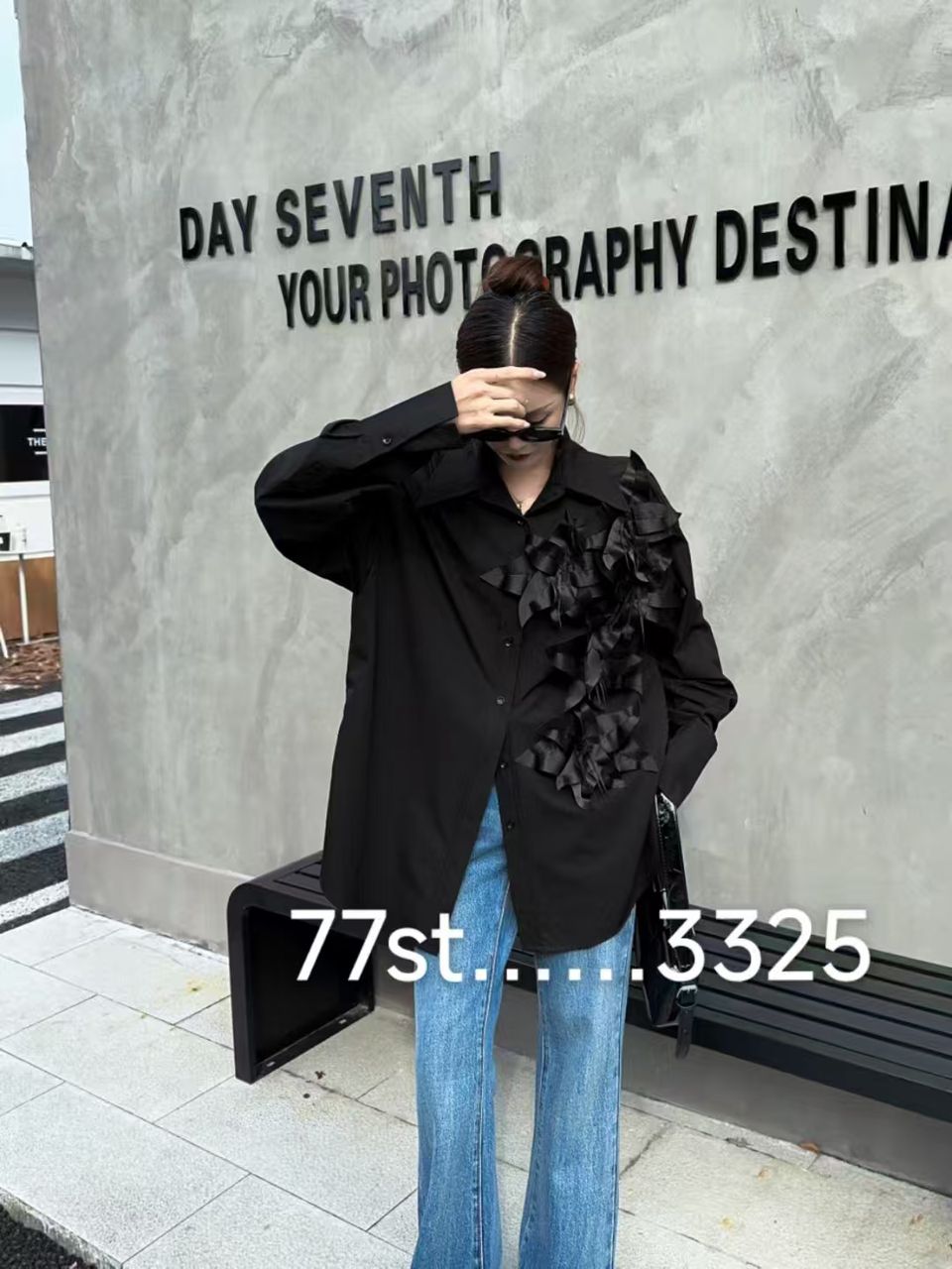 Black Flower Applique Oversized fit Shirt dress