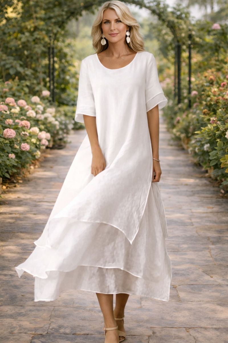 Women's Layered Chiffon Midi Dress – Round Neck Loose Fit Elegant Dress