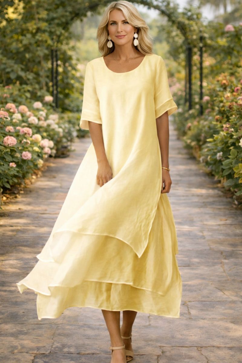 Women's Layered Chiffon Midi Dress – Round Neck Loose Fit Elegant Dress