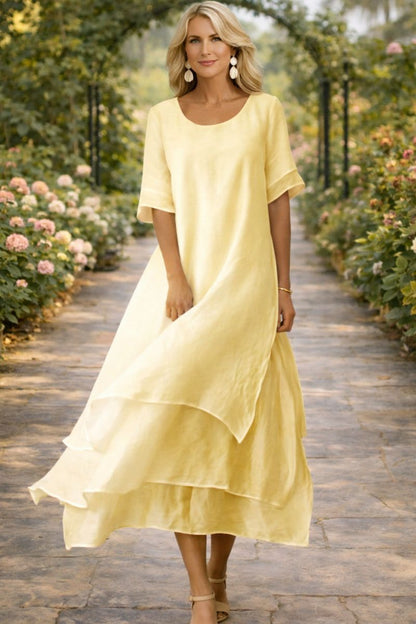 Women's Layered Chiffon Midi Dress – Round Neck Loose Fit Elegant Dress