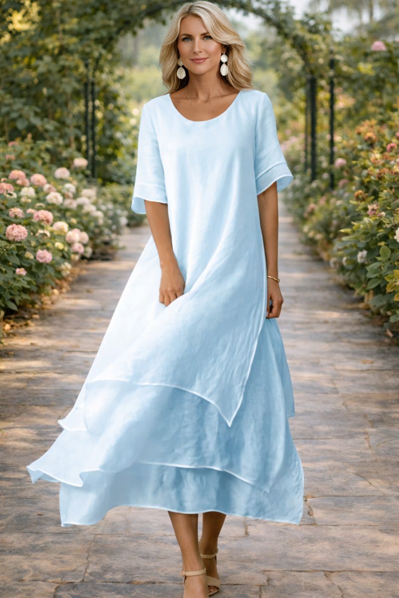 Women's Layered Chiffon Midi Dress – Round Neck Loose Fit Elegant Dress
