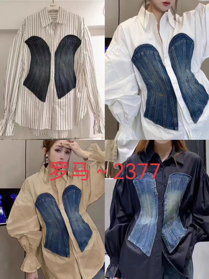 Cotton Shirt with Denim Patch