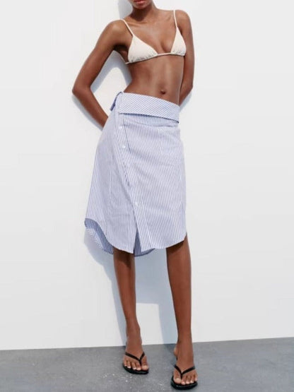 Halterneck Striped Backless Top & Slit Buttoned Skirt