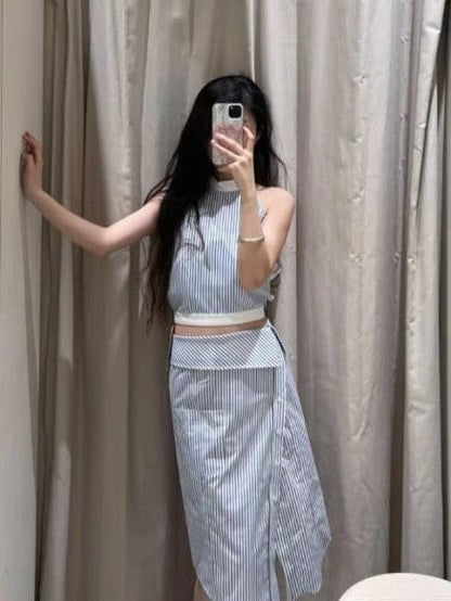 Halterneck Striped Backless Top & Slit Buttoned Skirt