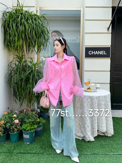 Embroidered Beads Oversized Fit Shirt Dress with Net Bell Sleeves