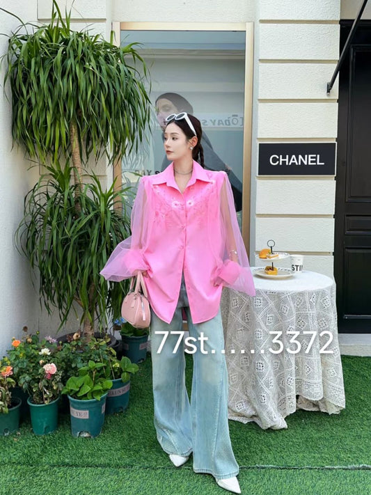 Embroidered Beads Oversized Fit Shirt Dress with Net Bell Sleeves