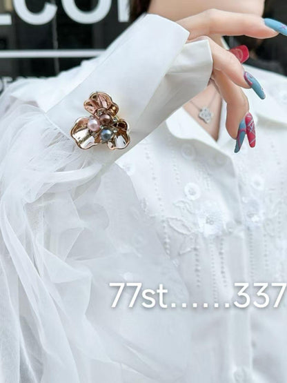 Embroidered Beads Oversized Fit Shirt Dress with Net Bell Sleeves