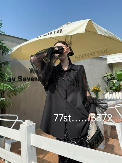 Embroidered Beads Oversized Fit Shirt Dress with Net Bell Sleeves