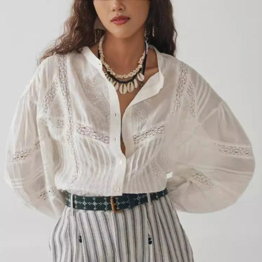 White Floral Embroidery Lace Long Sleeve Boho Blouse