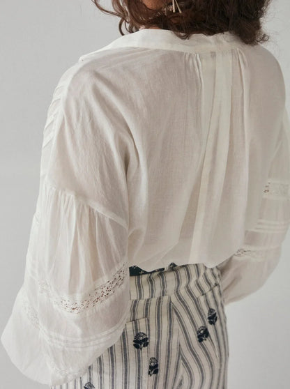White Floral Embroidery Lace Long Sleeve Boho Blouse