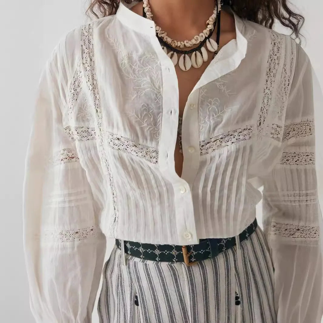 White Floral Embroidery Lace Long Sleeve Boho Blouse