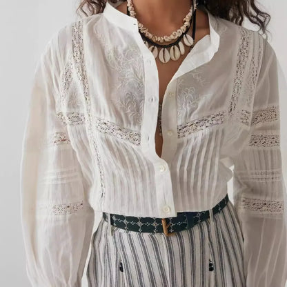 White Floral Embroidery Lace Long Sleeve Boho Blouse