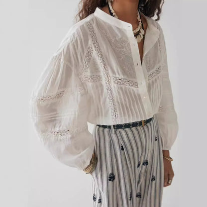 White Floral Embroidery Lace Long Sleeve Boho Blouse