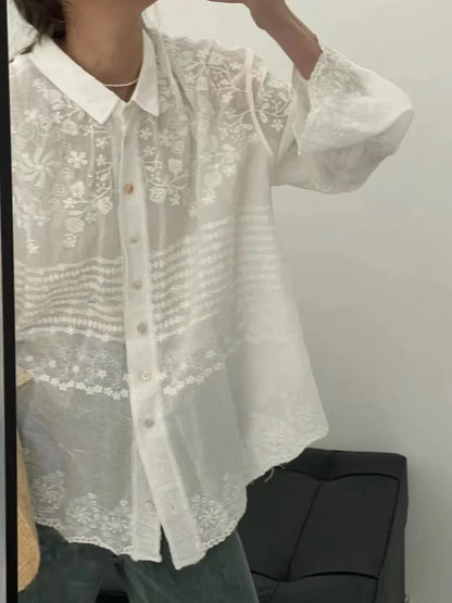 White Cotton Embroidery Lace Long Sleeve Boho Beach Blouse