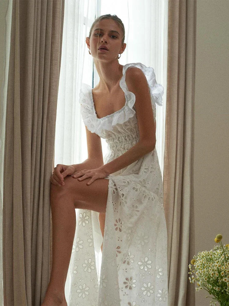 White Cotton Floral Lace Maxi Dress