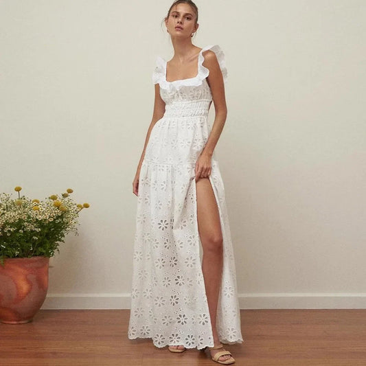 White Cotton Floral Lace Maxi Dress