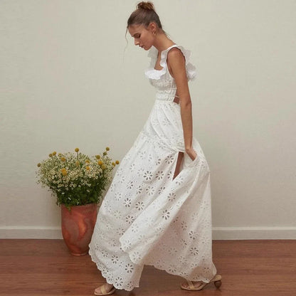 White Cotton Floral Lace Maxi Dress