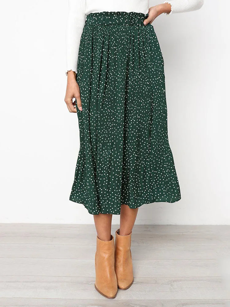 White Dots Floral Print Pleated Midi Skirt with Pockets