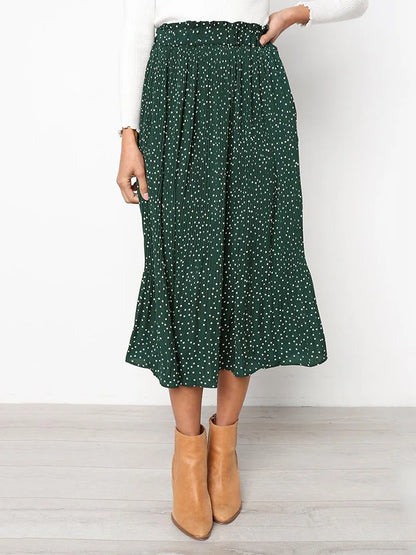White Dots Floral Print Pleated Midi Skirt with Pockets