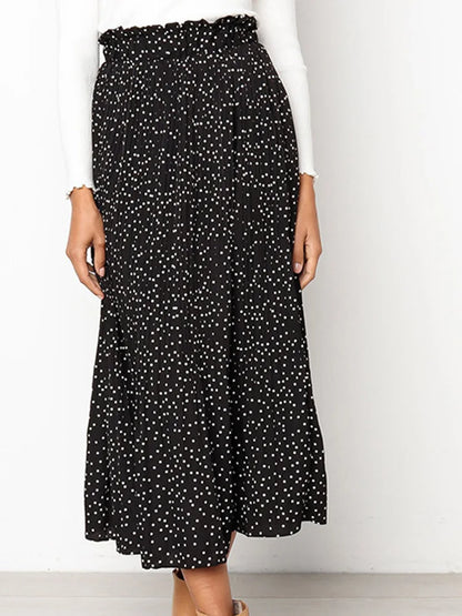 White Dots Floral Print Pleated Midi Skirt with Pockets
