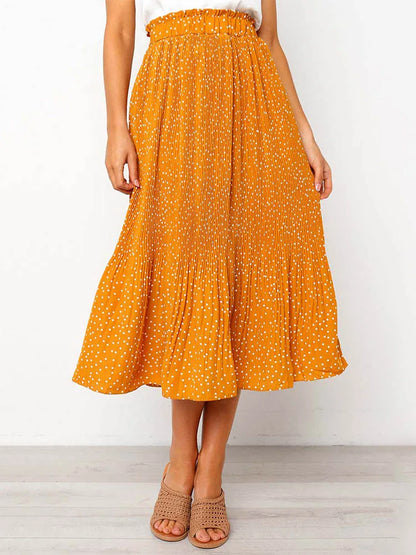 White Dots Floral Print Pleated Midi Skirt with Pockets