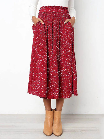 White Dots Floral Print Pleated Midi Skirt with Pockets
