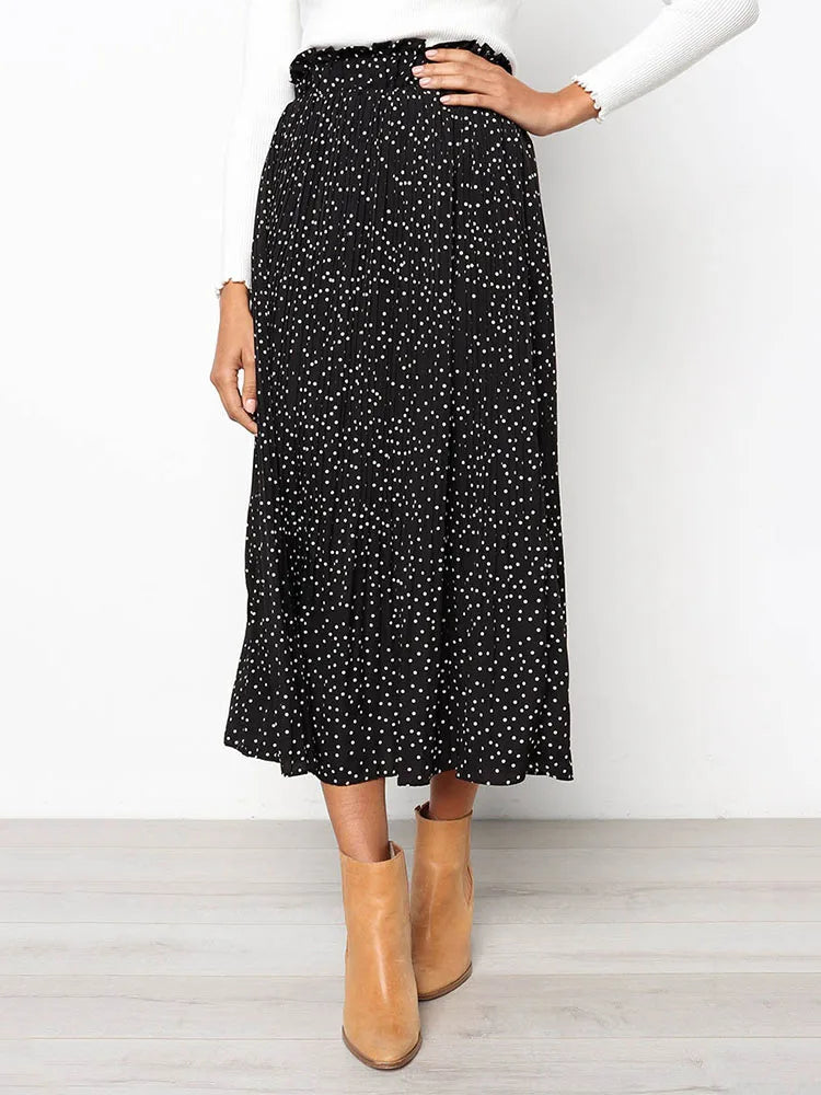 White Dots Floral Print Pleated Midi Skirt with Pockets