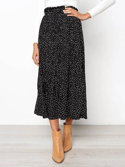 White Dots Floral Print Pleated Midi Skirt with Pockets