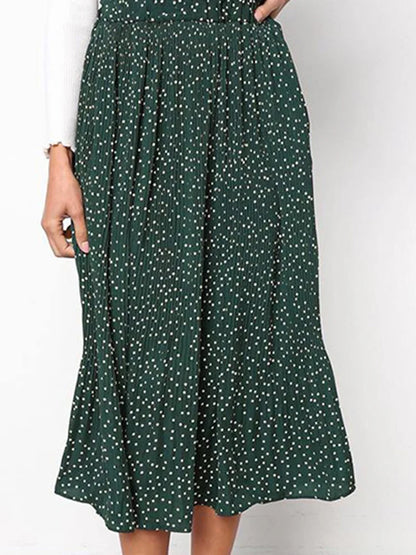 White Dots Floral Print Pleated Midi Skirt with Pockets