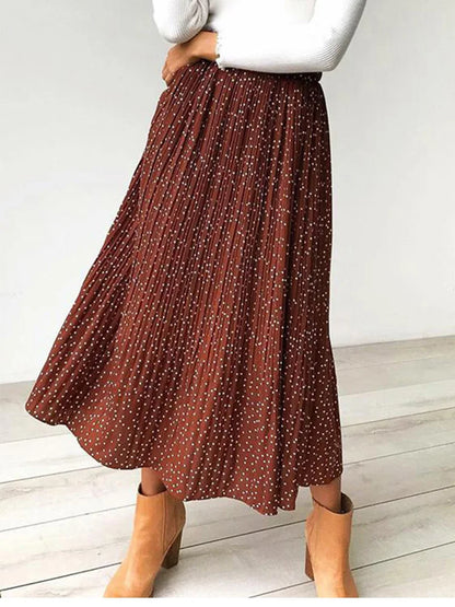 White Dots Floral Print Pleated Midi Skirt with Pockets
