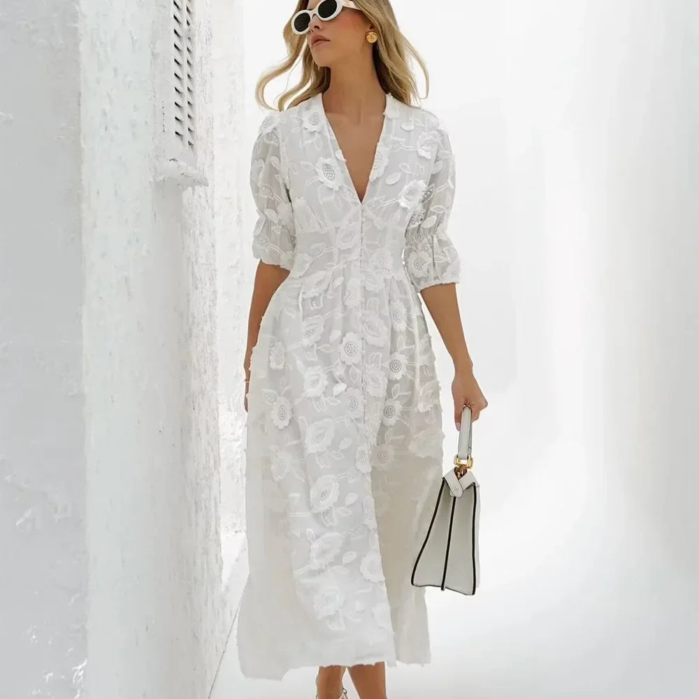 White Floral Lace Boho Dress