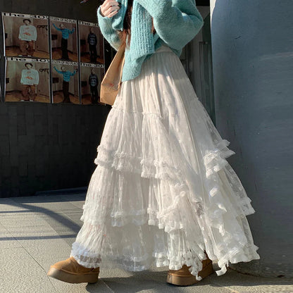 White Floral Tulle Floor-Length Skirt