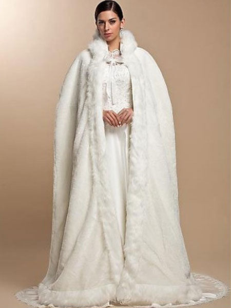White Faux Fur Coat Hoodie Full Length Women Faux Fur Poncho