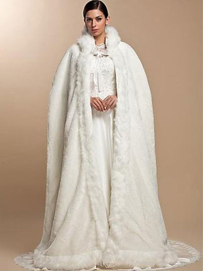White Faux Fur Coat Hoodie Full Length Women Faux Fur Poncho
