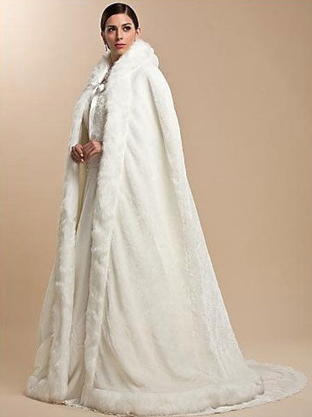 White Faux Fur Coat Hoodie Full Length Women Faux Fur Poncho