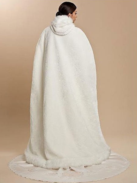 White Faux Fur Coat Hoodie Full Length Women Faux Fur Poncho