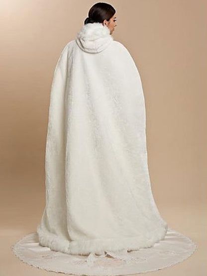 White Faux Fur Coat Hoodie Full Length Women Faux Fur Poncho