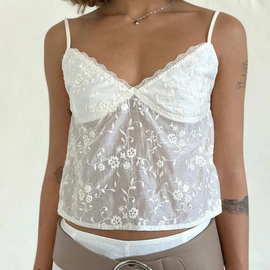 White Jacquard Floral Lace Trim V Neck Kawaii Fairycore 00s Y2K Camisole Crop Top