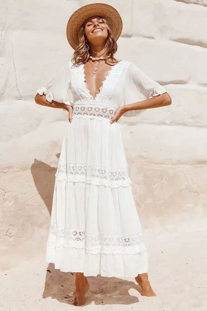 White Maxi Dress Hollow Waist Deep V-neck Dress