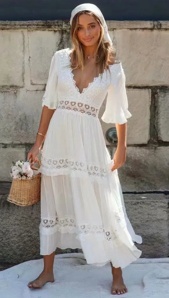 White Maxi Dress Hollow Waist Deep V-neck Dress
