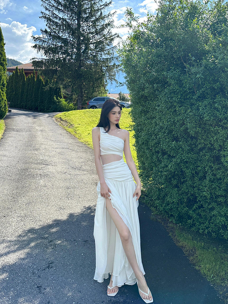 White Cutout One-Shoulder Lace Maxi Dress Beachy & Feminine Grace