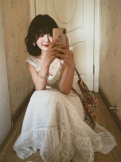 White Embroidered Lace Maxi Dress Dreamy Beach Getaway Look